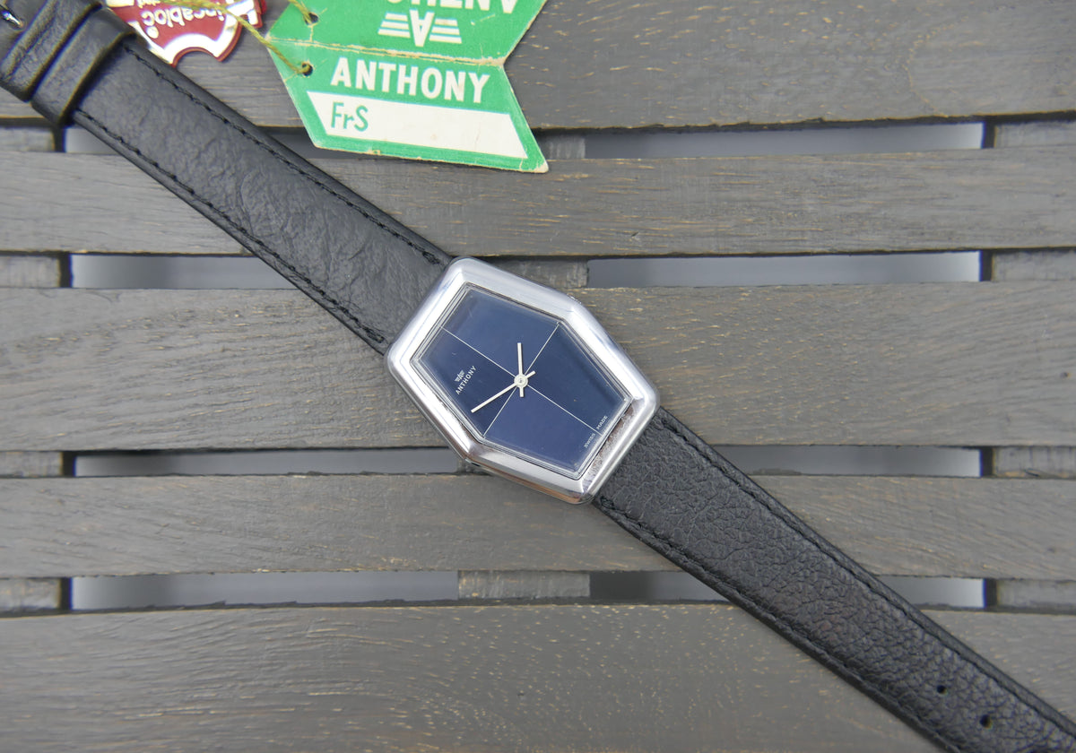 70s vintage watch mens NOS ANTHONY Hexagonal Dark Blue hand wind Unitas 6365N