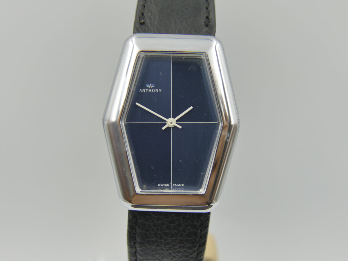 70s vintage watch mens NOS ANTHONY Hexagonal Dark Blue hand wind Unitas 6365N