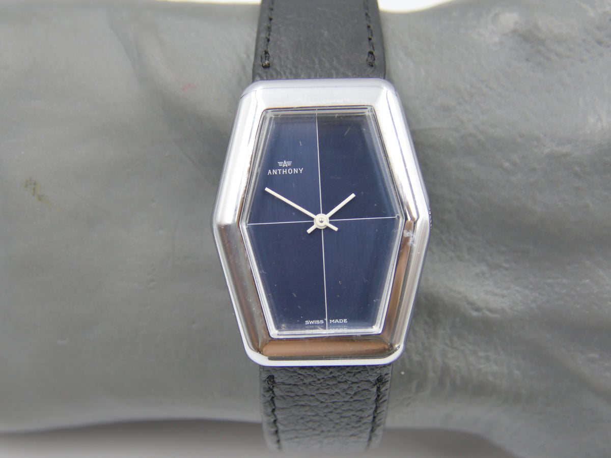 70s vintage watch mens NOS ANTHONY Hexagonal Dark Blue hand wind Unitas 6365N