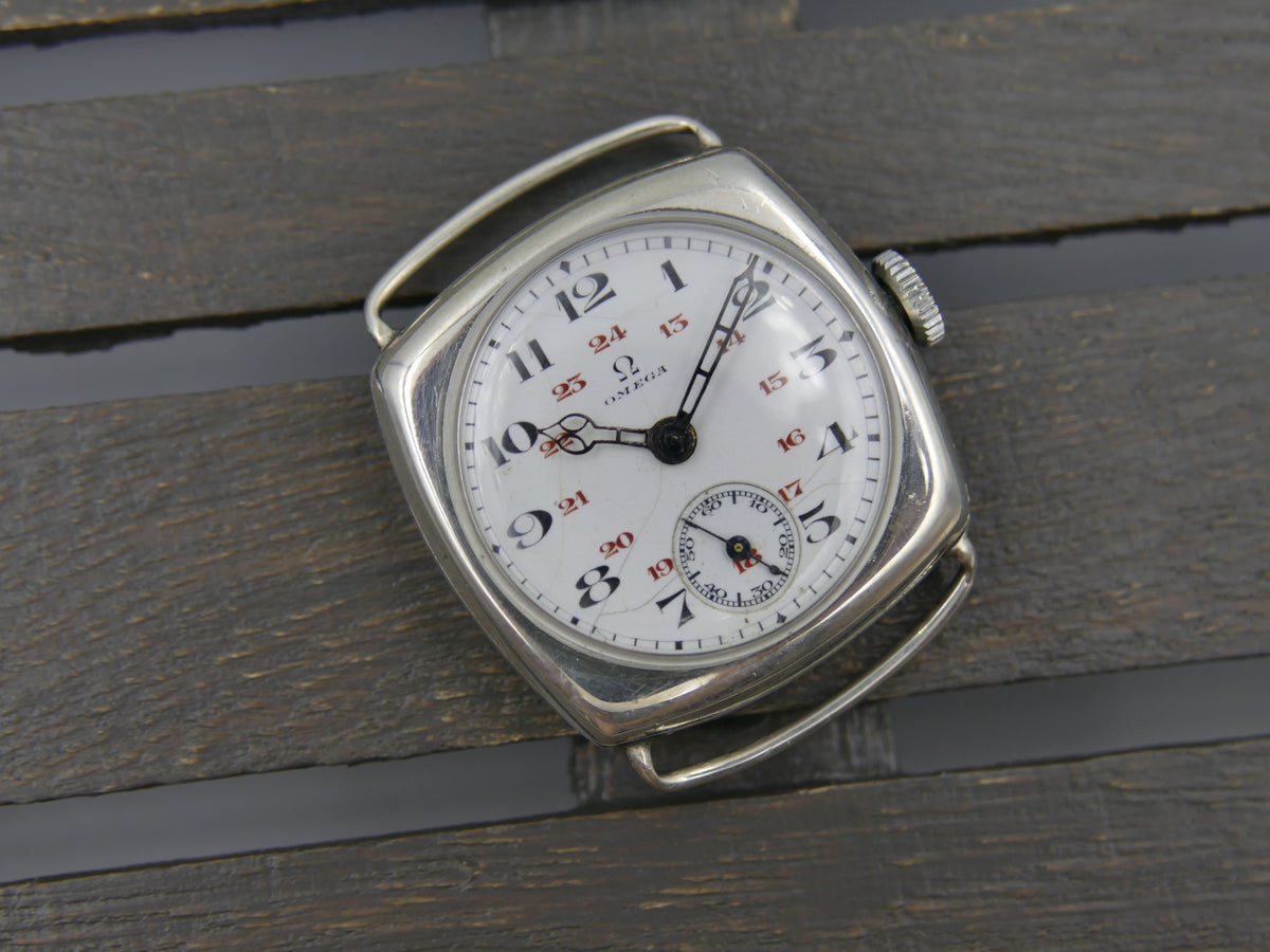 1916 Watch WWI Officer's Omega Trench Solid Silver 0.900 Enamel Dial