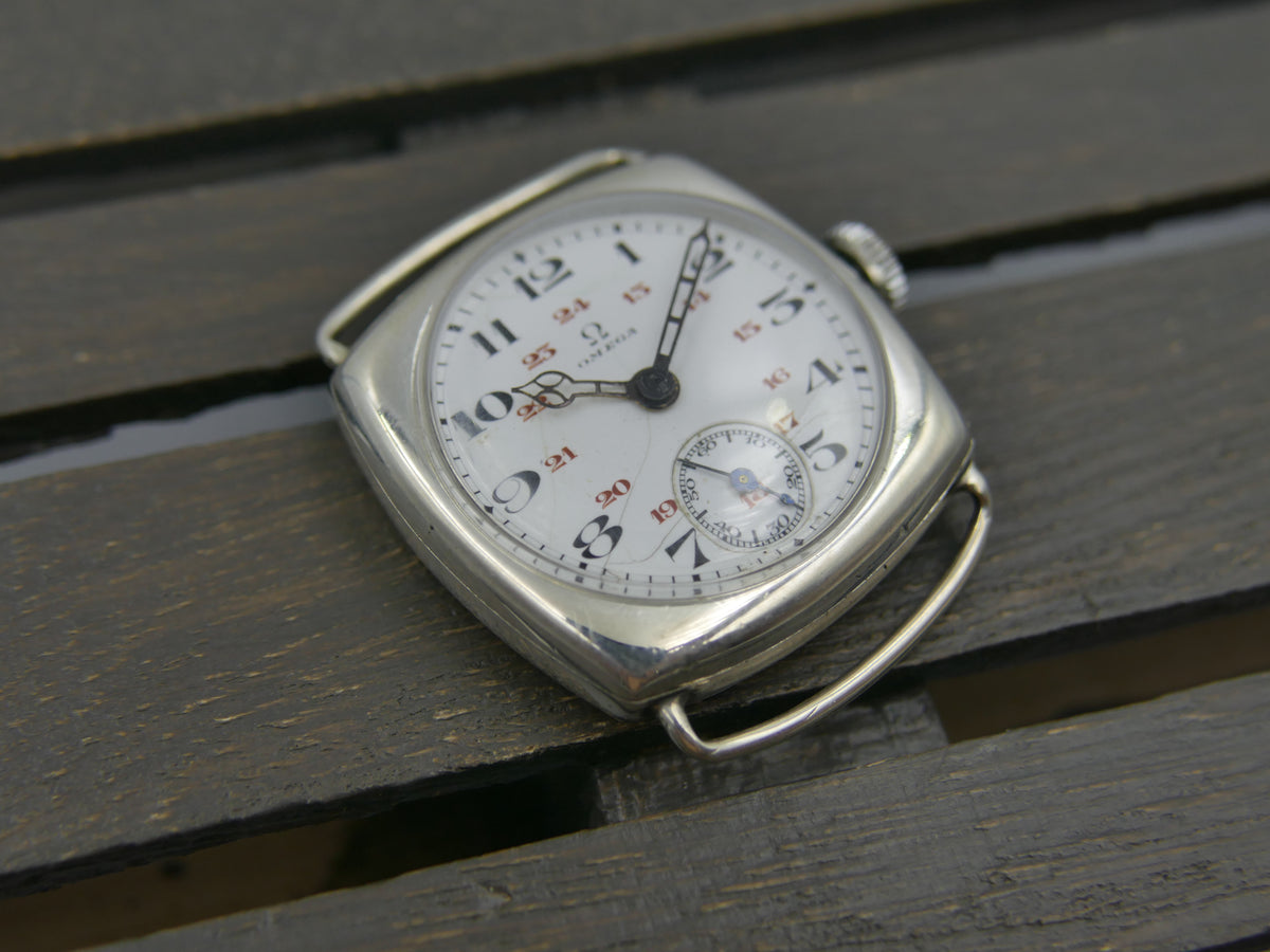 1916 Watch WWI Officer's Omega Trench Solid Silver 0.900 Enamel Dial