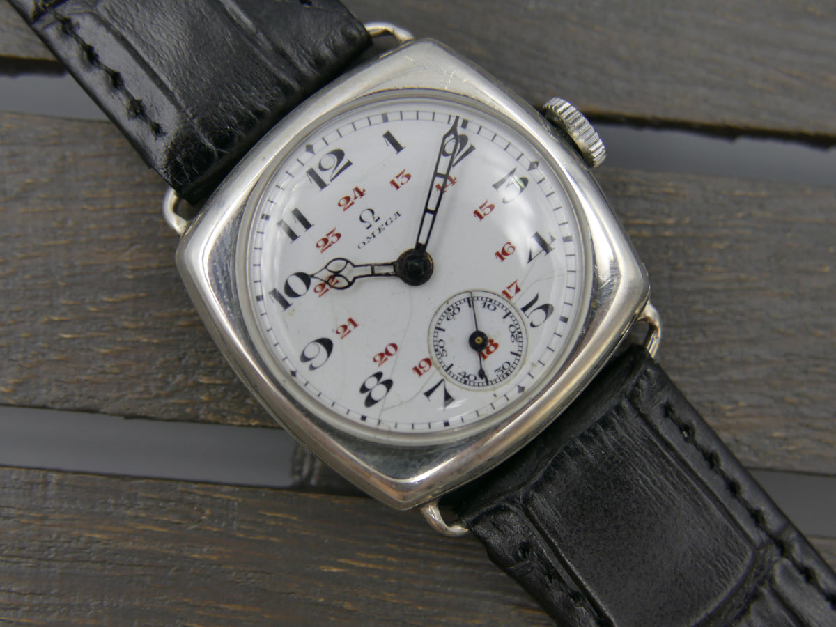 1916 Watch WWI Officer's Omega Trench Solid Silver 0.900 Enamel Dial