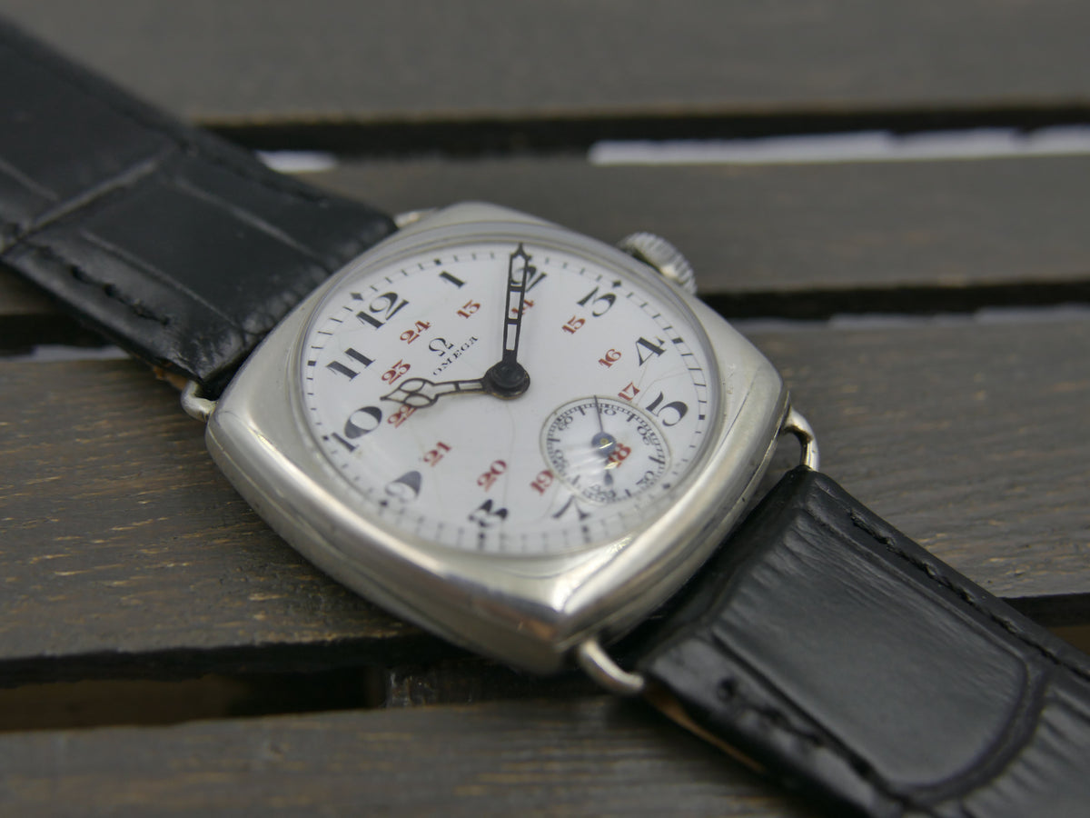 1916 Watch WWI Officer's Omega Trench Solid Silver 0.900 Enamel Dial