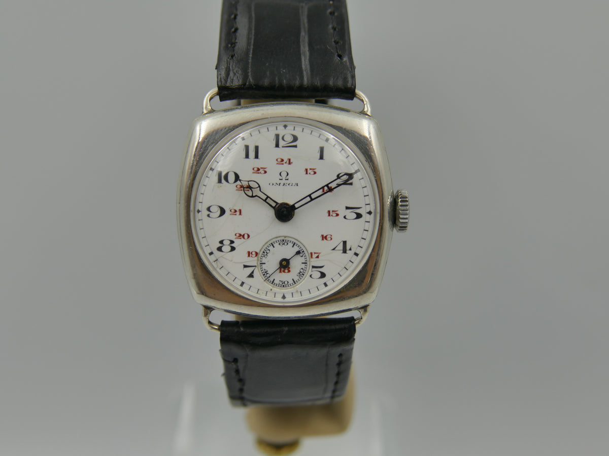 1916 Watch WWI Officer's Omega Trench Solid Silver 0.900 Enamel Dial