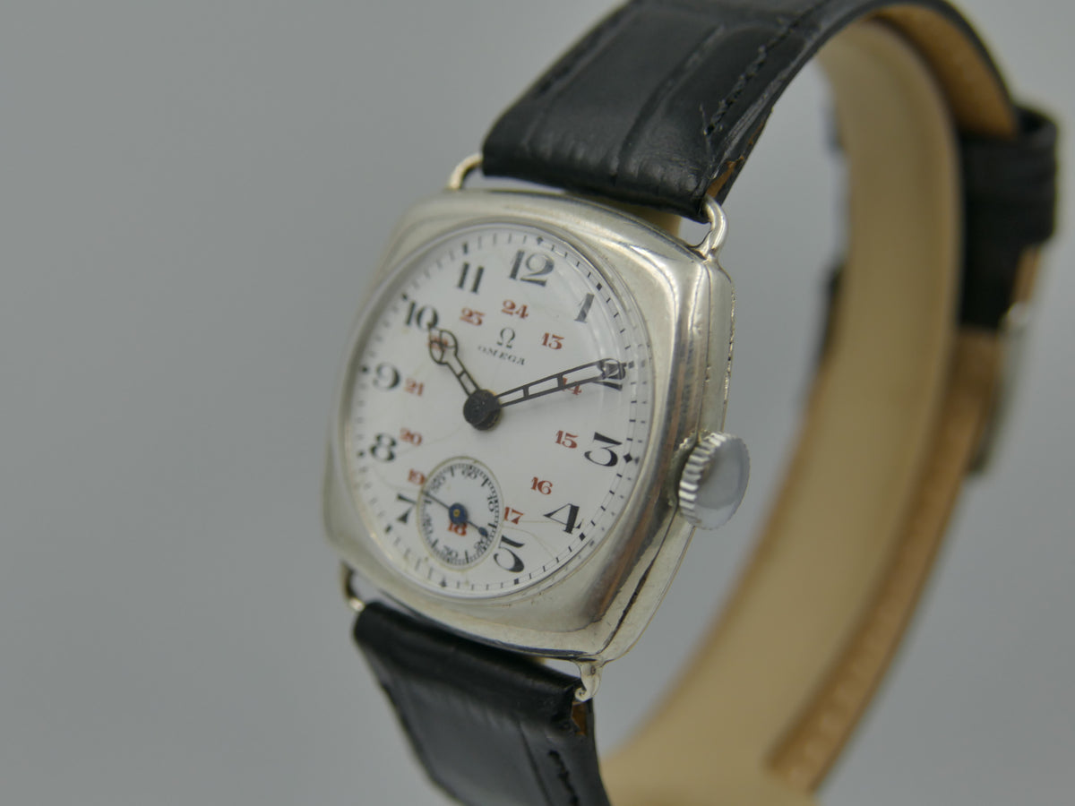 1916 Watch WWI Officer's Omega Trench Solid Silver 0.900 Enamel Dial