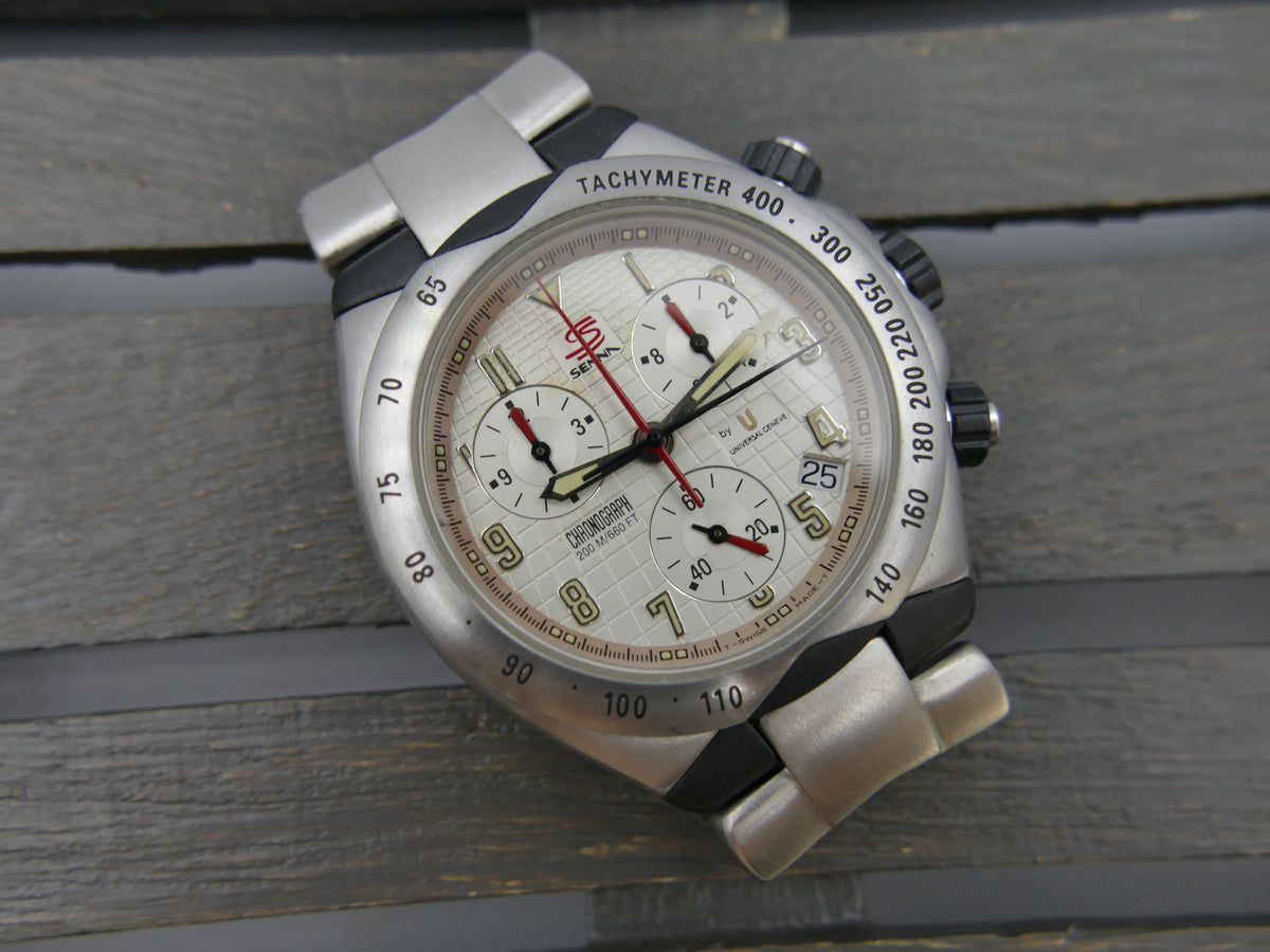 90s vintage watch mens Universal Geneve Senna 41 Chronograph Ref. 975.310 Ayrton Senna Waffle Dial