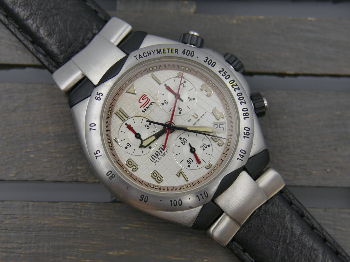 90s vintage watch mens Universal Geneve Senna 41 Chronograph Ref. 975.310 Ayrton Senna Waffle Dial