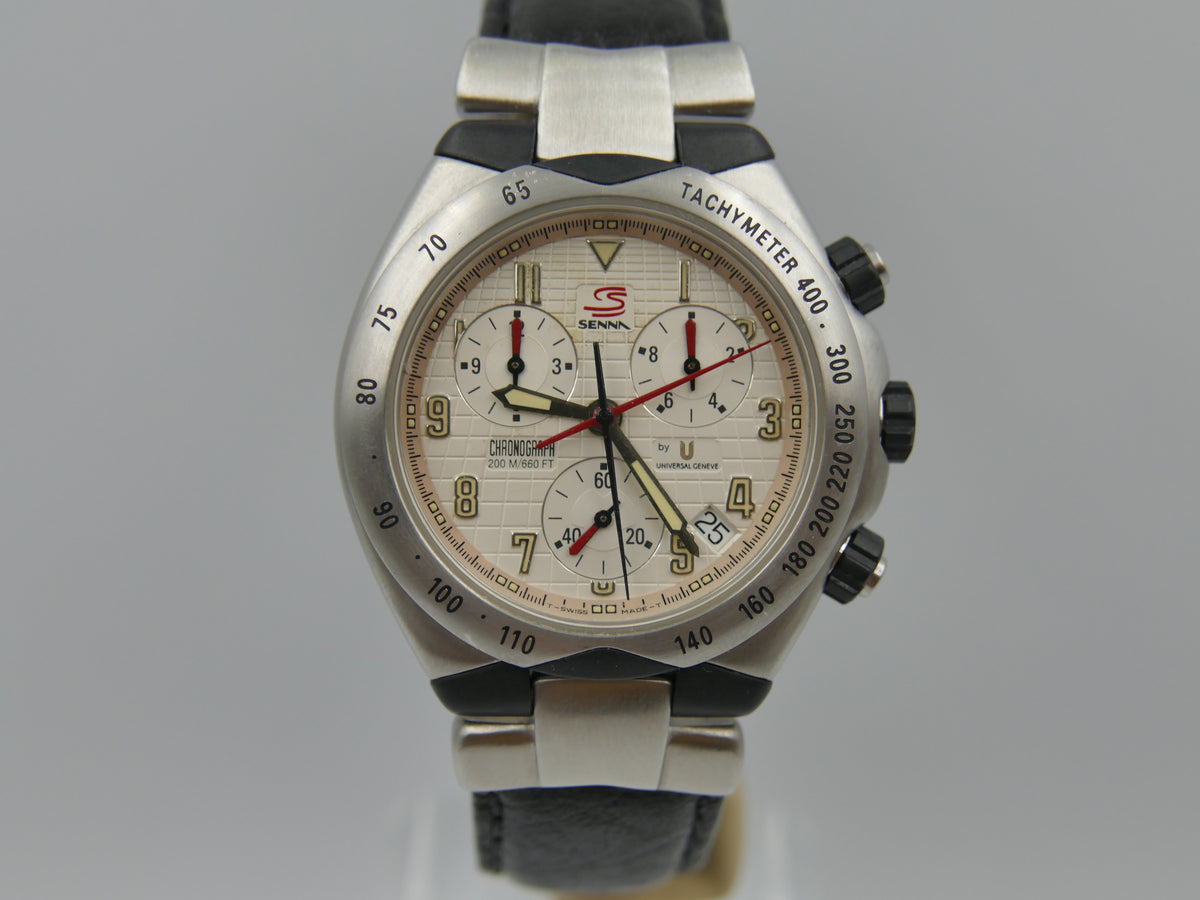 90s vintage watch mens Universal Geneve Senna 41 Chronograph Ref. 975.310 Ayrton Senna Waffle Dial