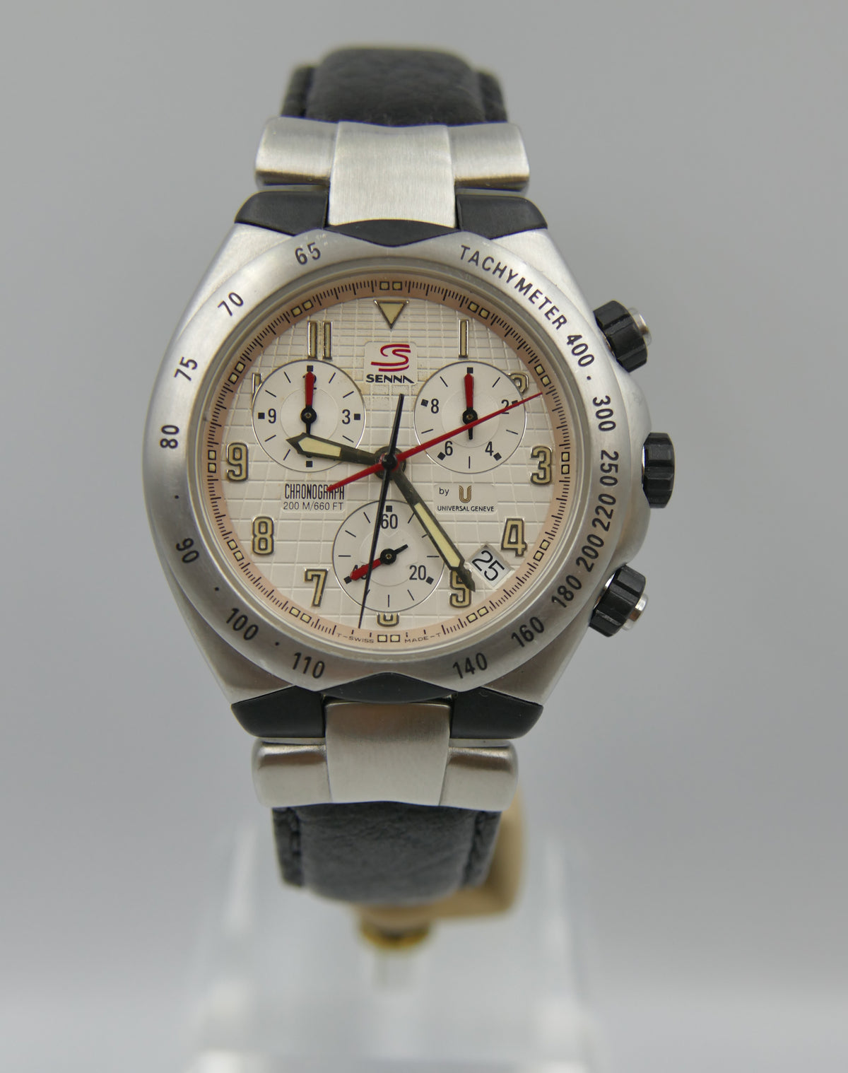 90s vintage watch mens Universal Geneve Senna 41 Chronograph Ref. 975.310 Ayrton Senna Waffle Dial