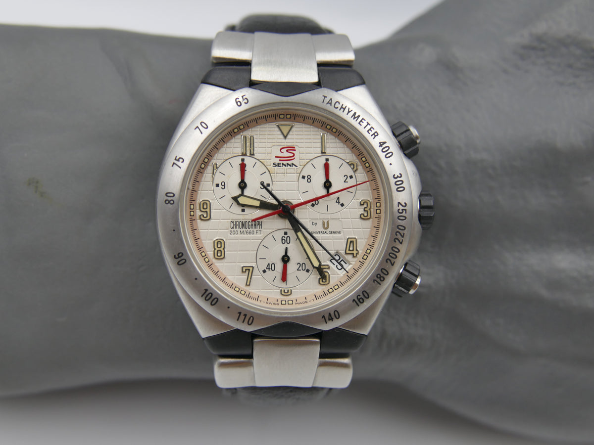 90s vintage watch mens Universal Geneve Senna 41 Chronograph Ref. 975.310 Ayrton Senna Waffle Dial