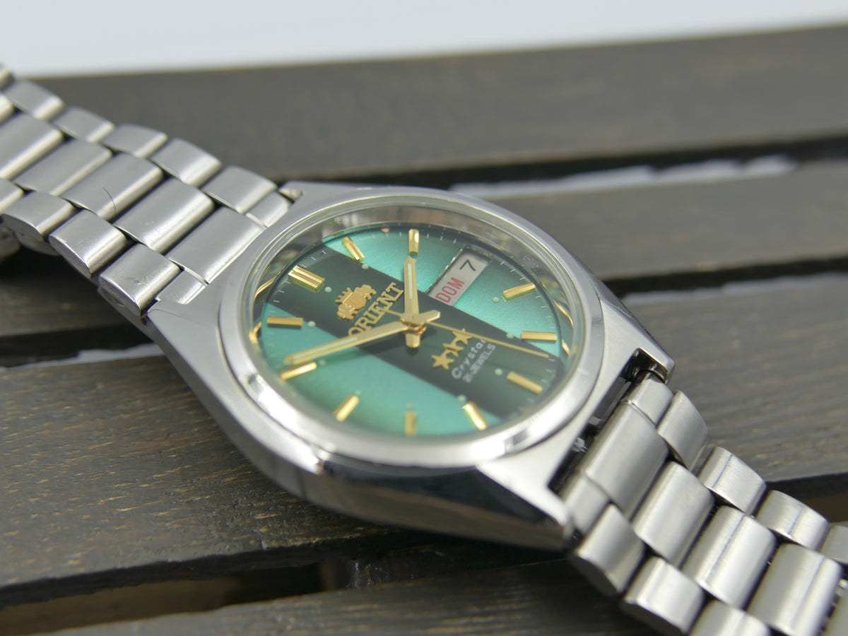 vintage watch mens Orient 3 star 469WA7-61 CA automatic green dial serviced steel 38mm