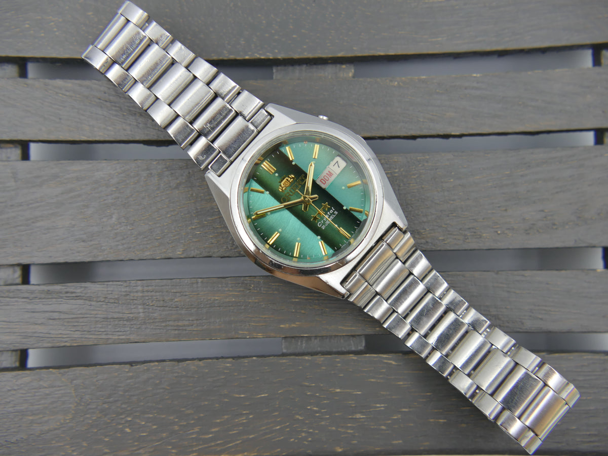 vintage watch mens Orient 3 star 469WA7-61 CA automatic green dial serviced steel 38mm