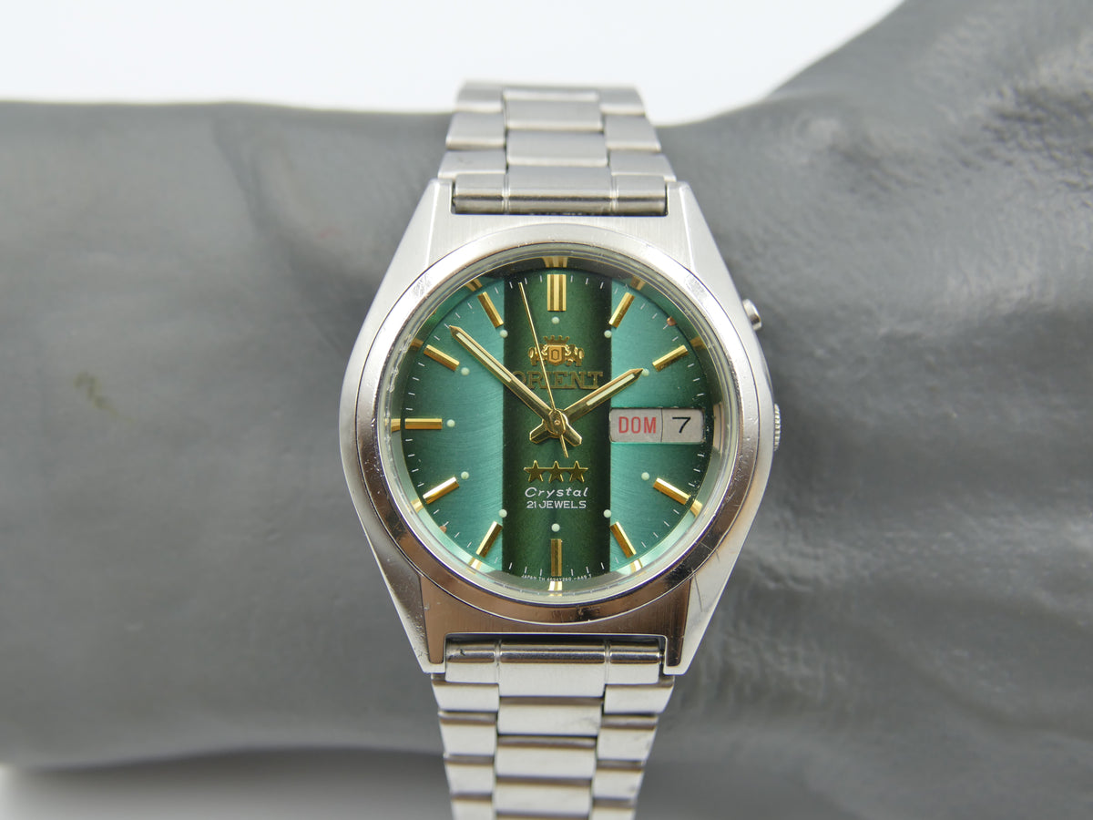 vintage watch mens Orient 3 star 469WA7-61 CA automatic green dial serviced steel 38mm