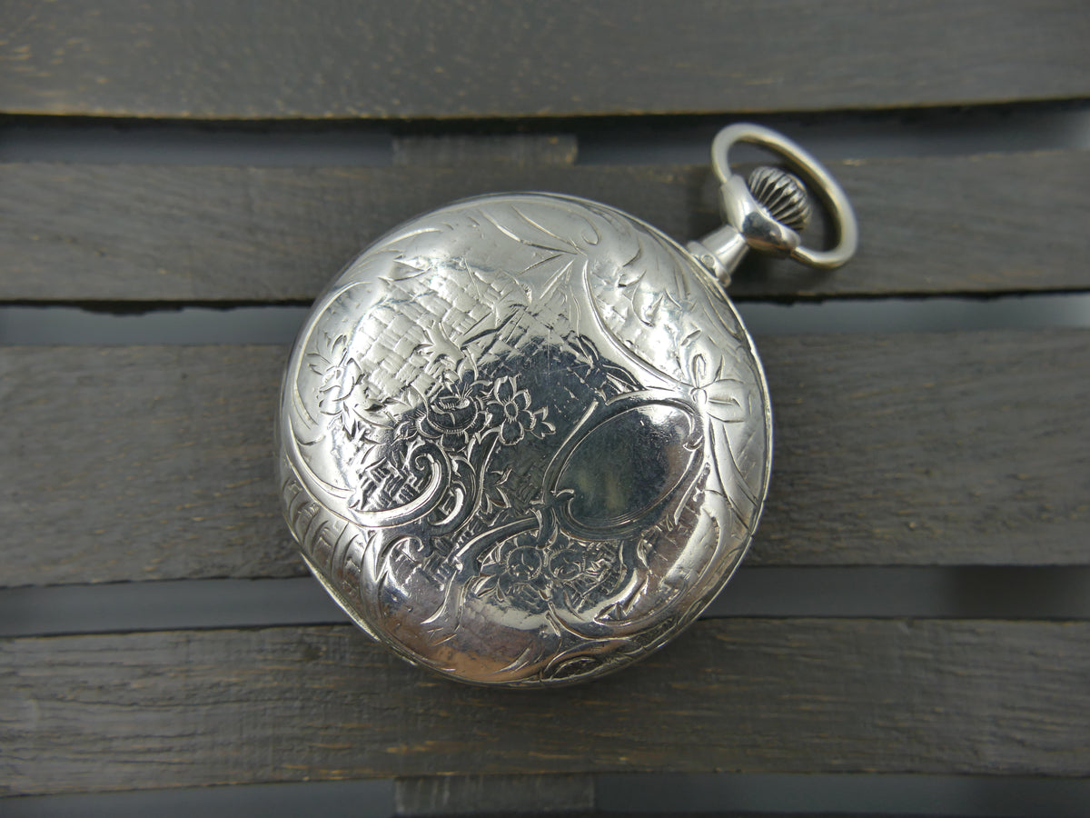 1918 pocket watch Omega Hunter Savonette Solid Silver.800 Engraved Case Enamel Dial - Cal. 18 SPB Serviced