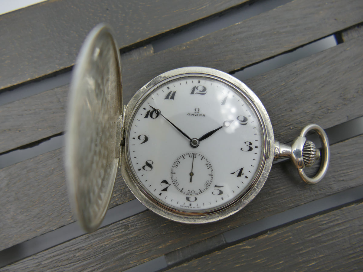 1918 pocket watch Omega Hunter Savonette Solid Silver.800 Engraved Case Enamel Dial - Cal. 18 SPB Serviced