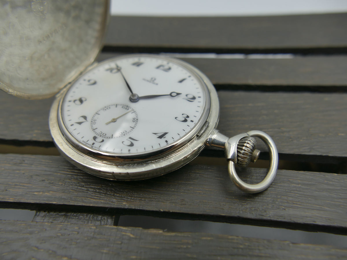 1918 pocket watch Omega Hunter Savonette Solid Silver.800 Engraved Case Enamel Dial - Cal. 18 SPB Serviced