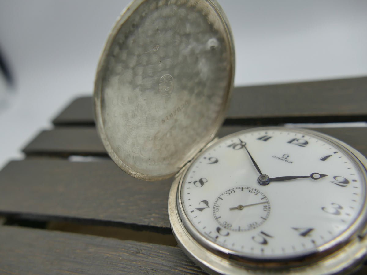 1918 pocket watch Omega Hunter Savonette Solid Silver.800 Engraved Case Enamel Dial - Cal. 18 SPB Serviced