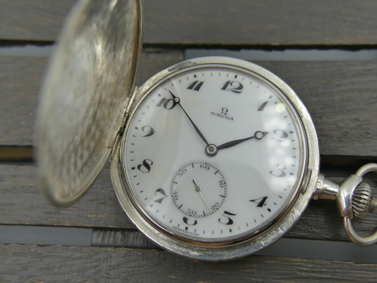 1918 pocket watch Omega Hunter Savonette Solid Silver.800 Engraved Case Enamel Dial - Cal. 18 SPB Serviced