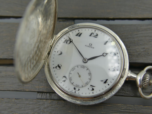 1918 pocket watch Omega Hunter Savonette Solid Silver.800 Engraved Case Enamel Dial - Cal. 18 SPB Serviced