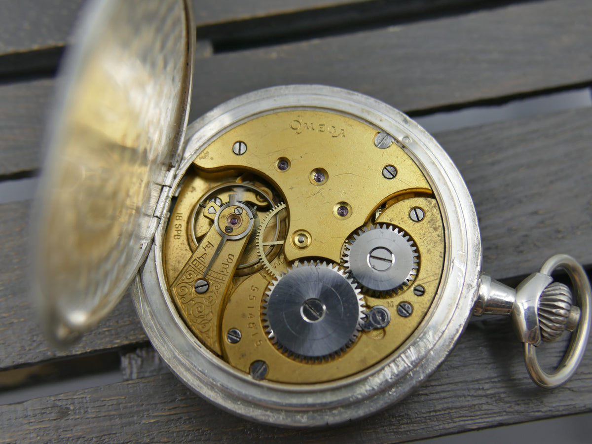 1918 pocket watch Omega Hunter Savonette Solid Silver.800 Engraved Case Enamel Dial - Cal. 18 SPB Serviced