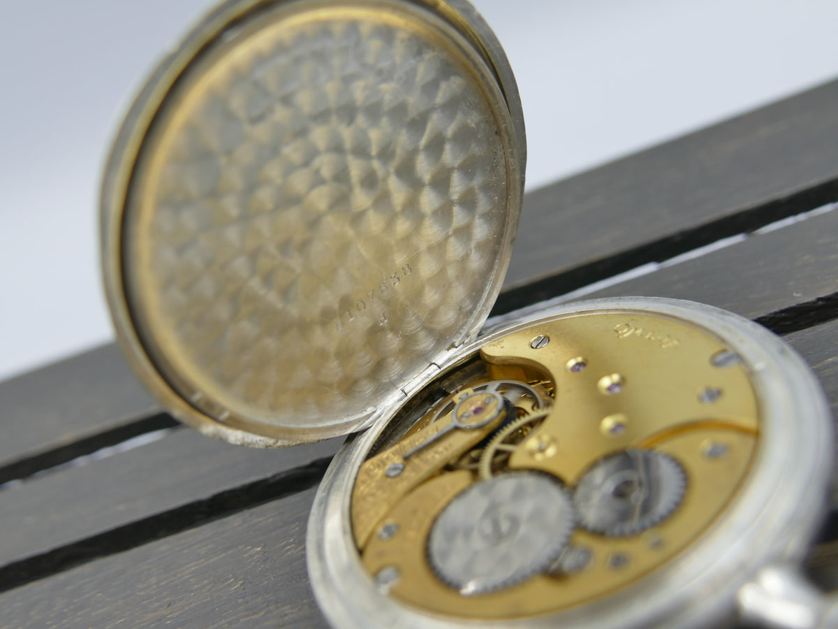 1918 pocket watch Omega Hunter Savonette Solid Silver.800 Engraved Case Enamel Dial - Cal. 18 SPB Serviced
