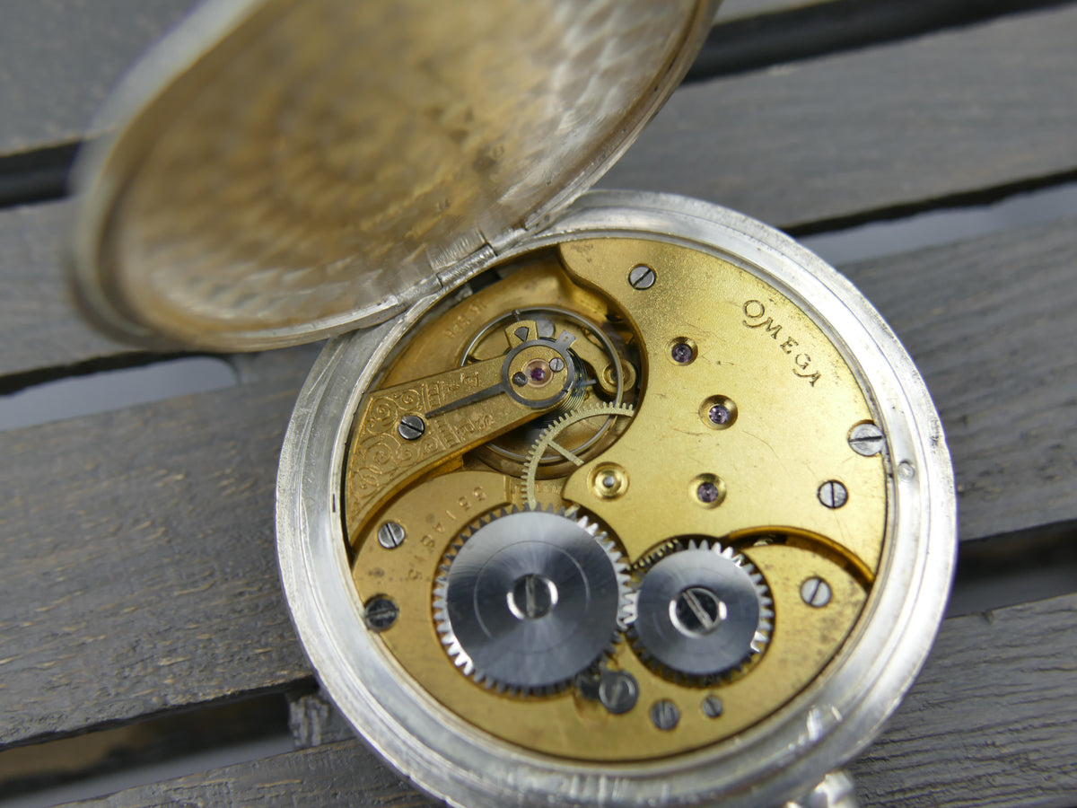 1918 pocket watch Omega Hunter Savonette Solid Silver.800 Engraved Case Enamel Dial - Cal. 18 SPB Serviced