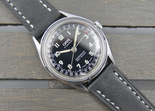 80s vintage watch mens ORIS POINTER DATE 302-7295 SWISS military hand wind eta w/box