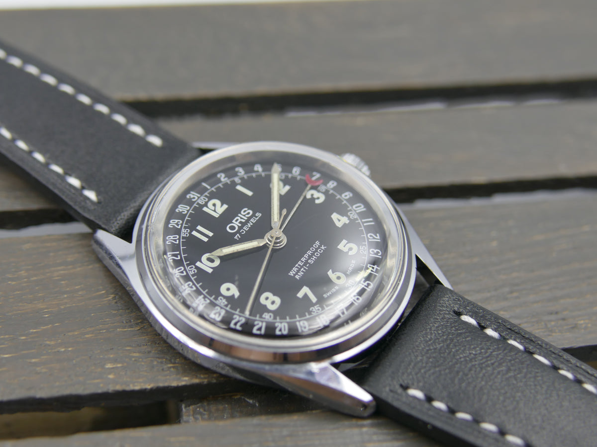 80s vintage watch mens ORIS POINTER DATE 302-7295 SWISS military hand wind eta w/box