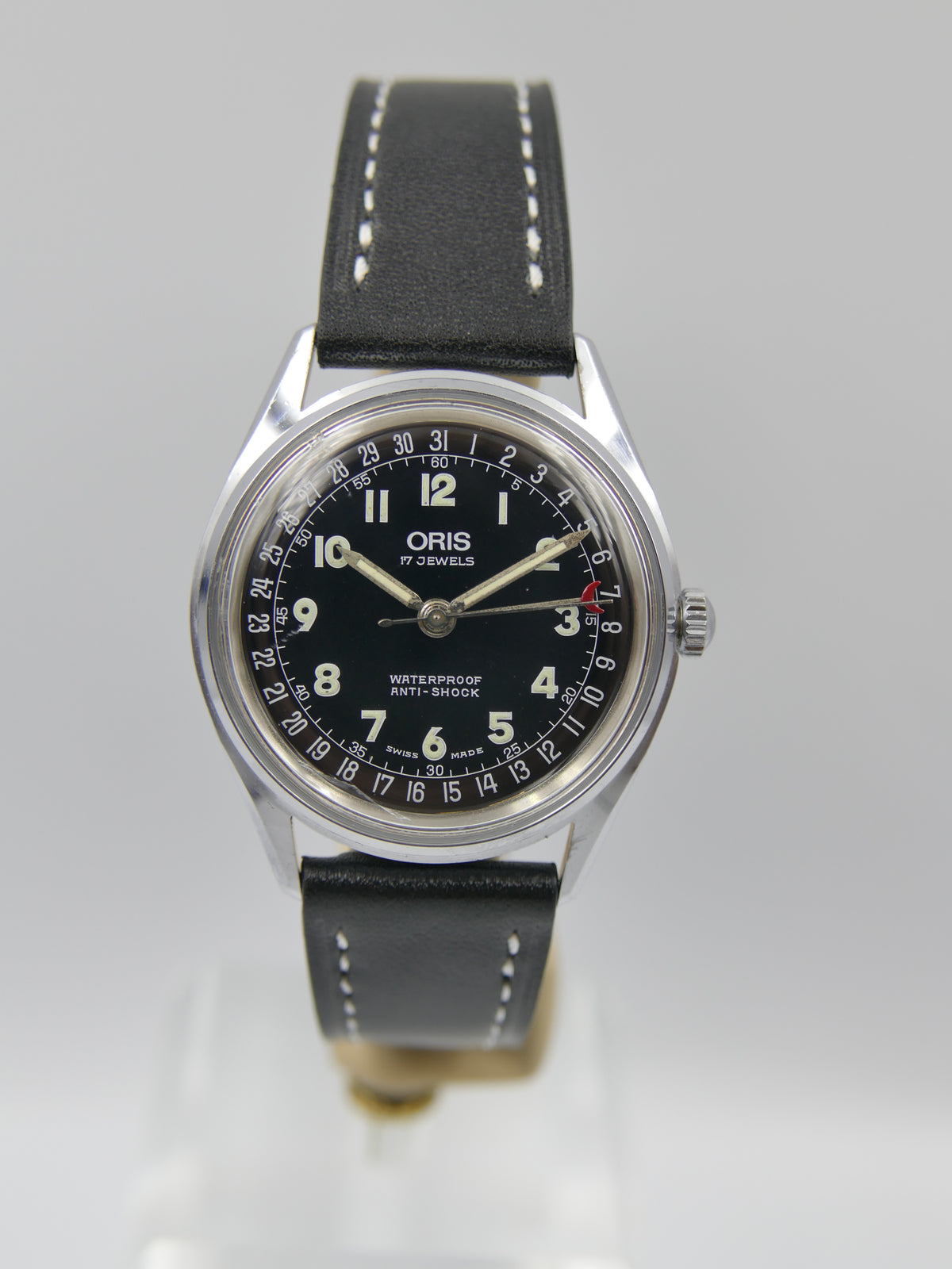 80s vintage watch mens ORIS POINTER DATE 302-7295 SWISS military hand wind eta w/box